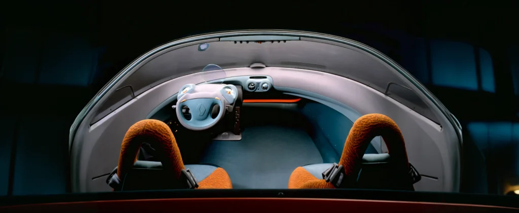 Close-up of the Renault Racoon’s futuristic, rugged design highlighting its bold 1990s styling