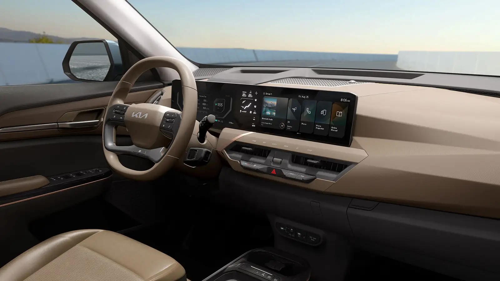 Dashboard of the Kia EV5, displaying the advanced infotainment system and driver interface.