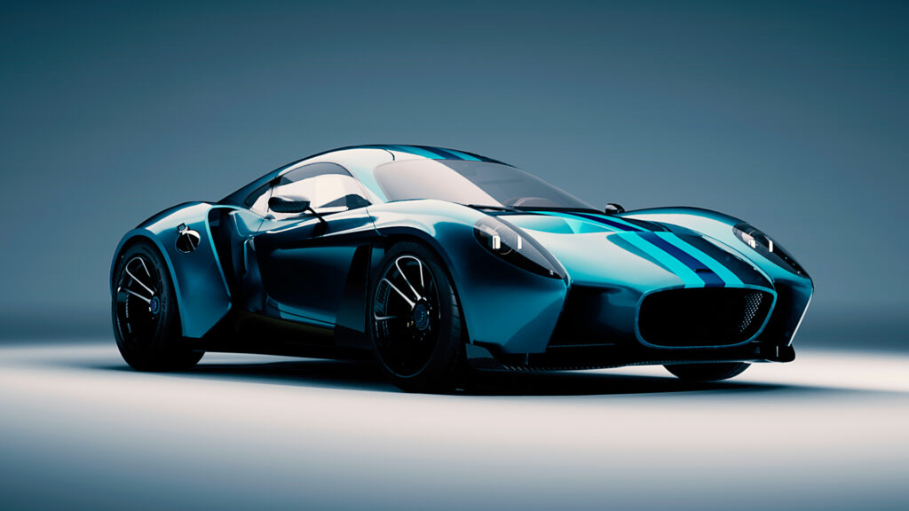 Front view of Anthony Jannarelly's Ælla-60, showcasing its 1960s-inspired design and modern sports car aesthetics.