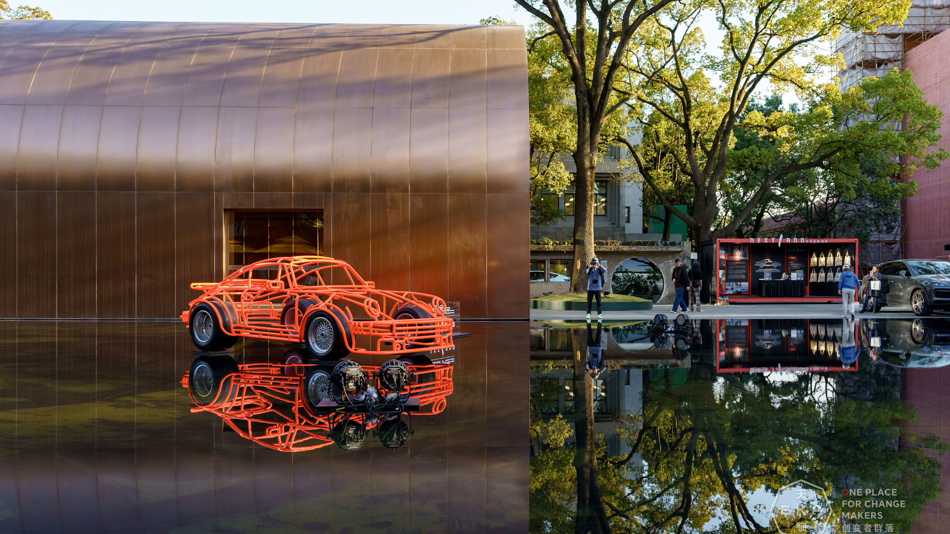 The Porsche 934 steel sculpture displayed in a collector's garage, highlighting its aesthetic appeal.