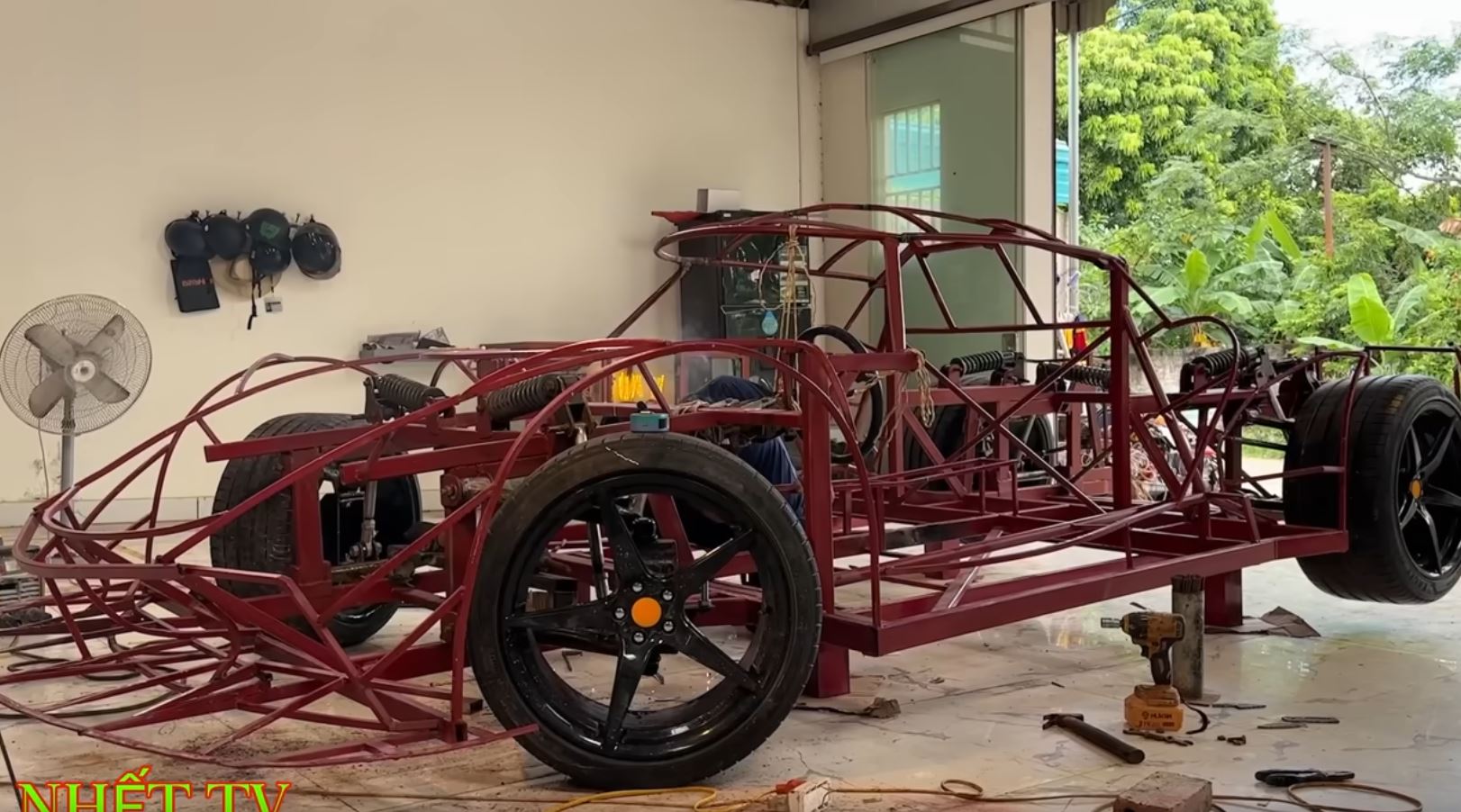 Close-up of the adjustable wing and dihedral doors on the replica