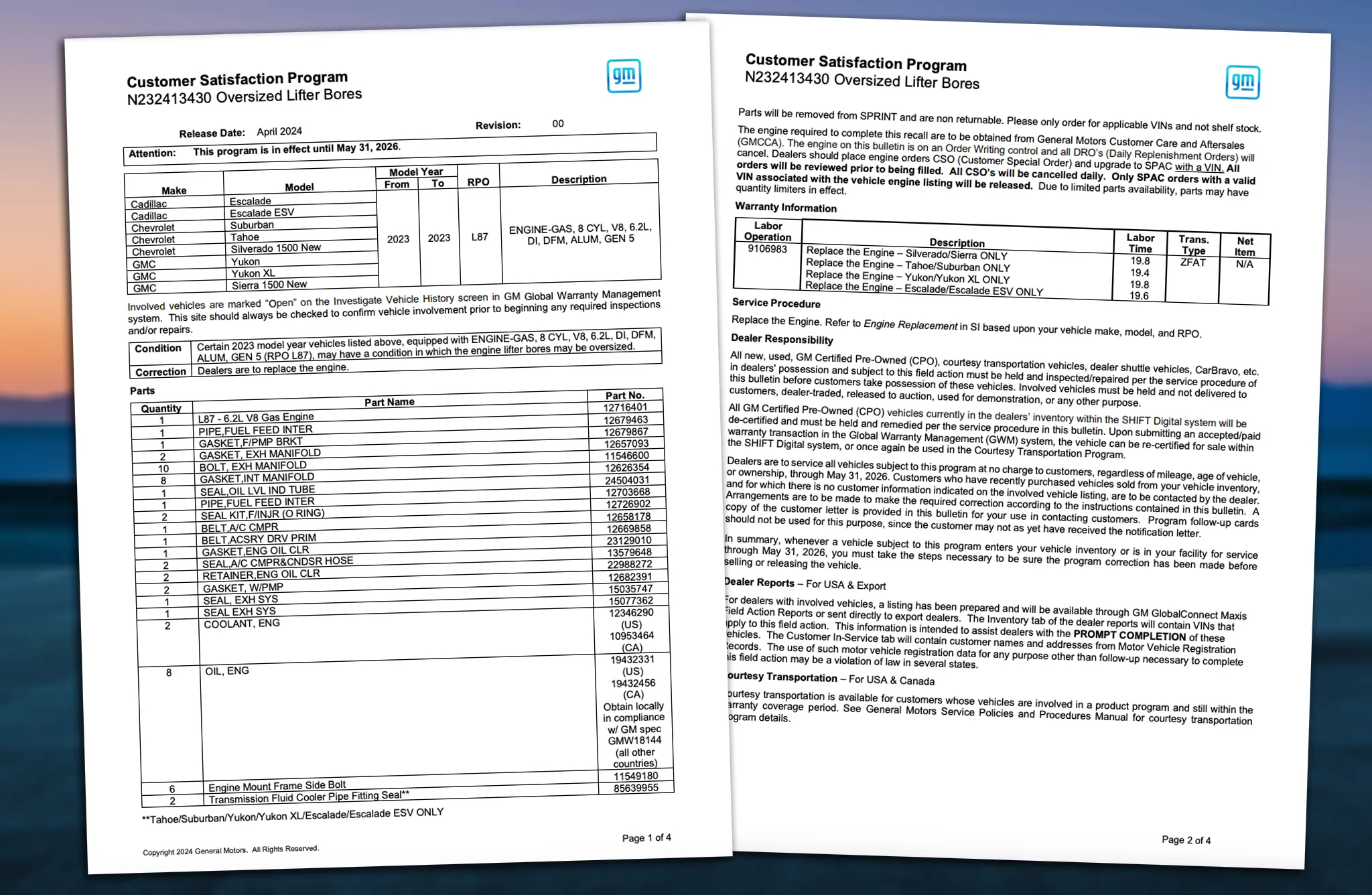 Failed GM L87 V8 Engine Close-up of a failed 6.2L GM L87 V8 engine with visible damage to the connecting rod.