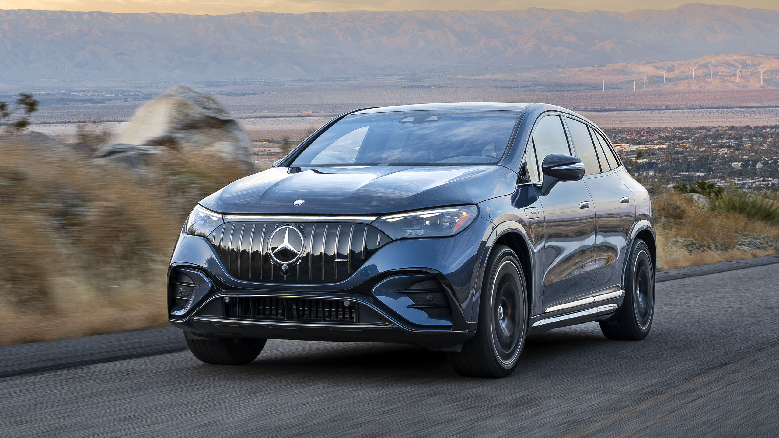 Front view of the Mercedes-Benz EQS Sedan showcasing its sleek design and luxury features.