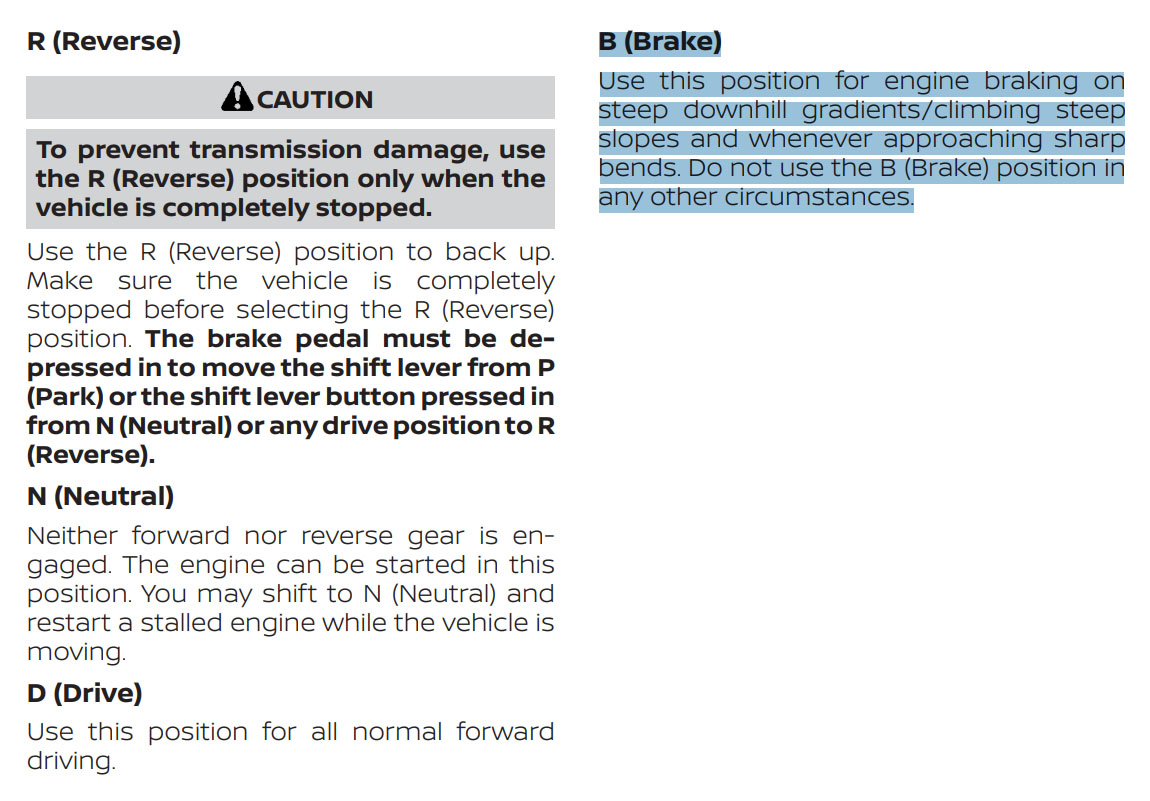 Close-up of Nissan Kicks dashboard showing the B gear on the shifter