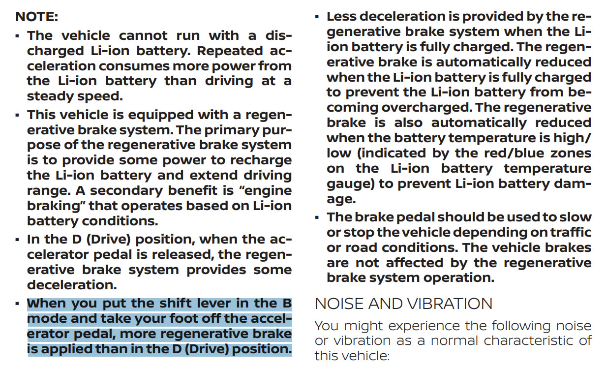 Dashboard of Nissan Leaf showing the B gear for regenerative braking