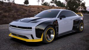 Side profile of the Dodge Charger Daytona with Waido widebody kit, emphasizing the rally-inspired large tires and deep-dish w