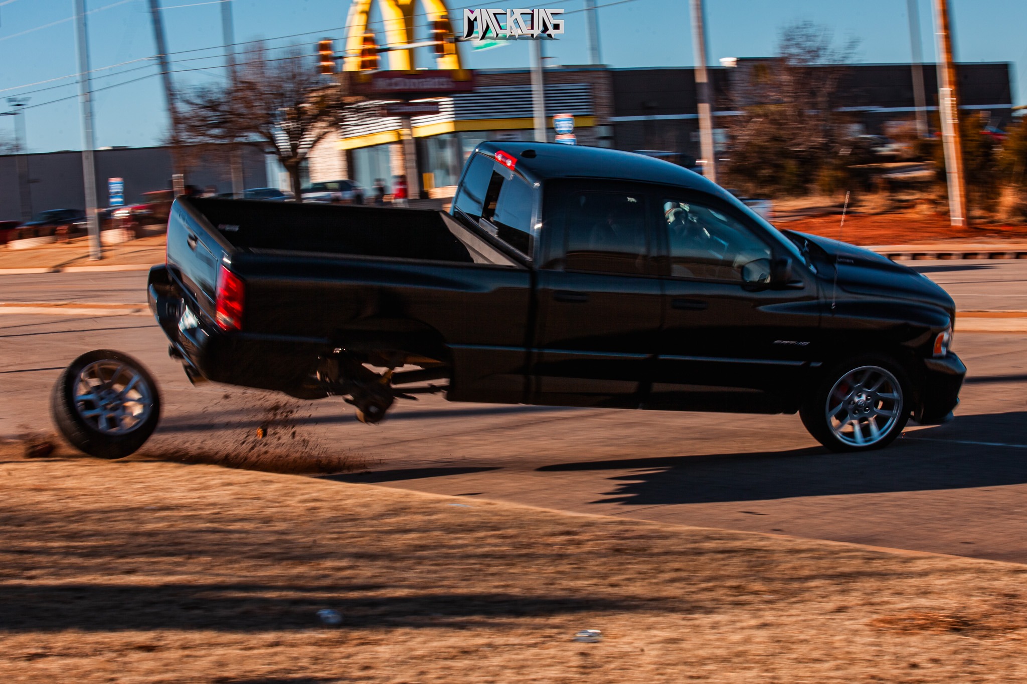 The damaged Dodge Ram SRT-10 being towed away from the crash scene.