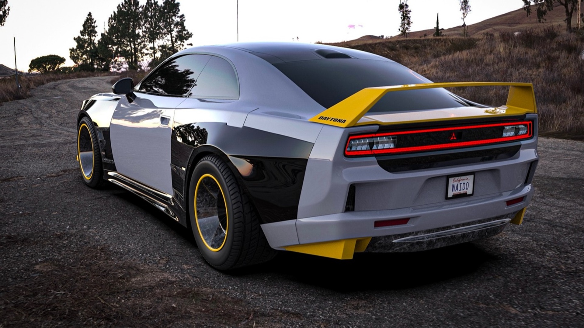 Waido Widebody Kit on Dodge Charger Daytona Waido widebody kit installed on a Destroyer Gray Dodge Charger Daytona showcasing the yellow splitter and black wheel arch ex